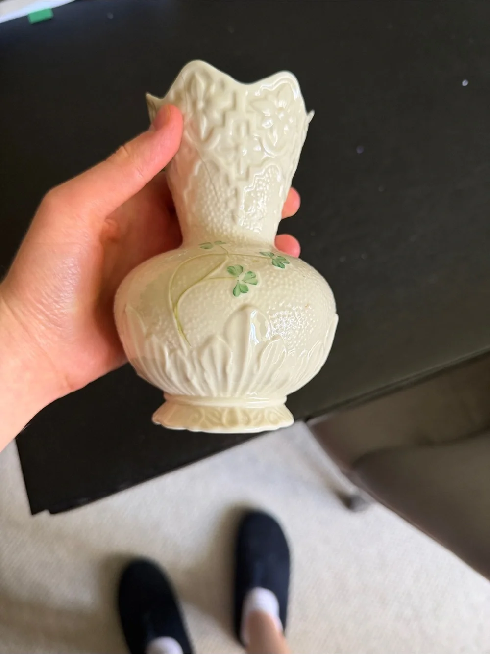 Belleek Cream Bud Vase with Green Shamrock Accents
